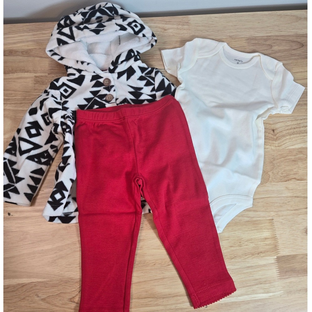 Carters Baby Girls 9M 3pc Micro Set Hooded Fleece Cardigan Bodysuit Red Pants